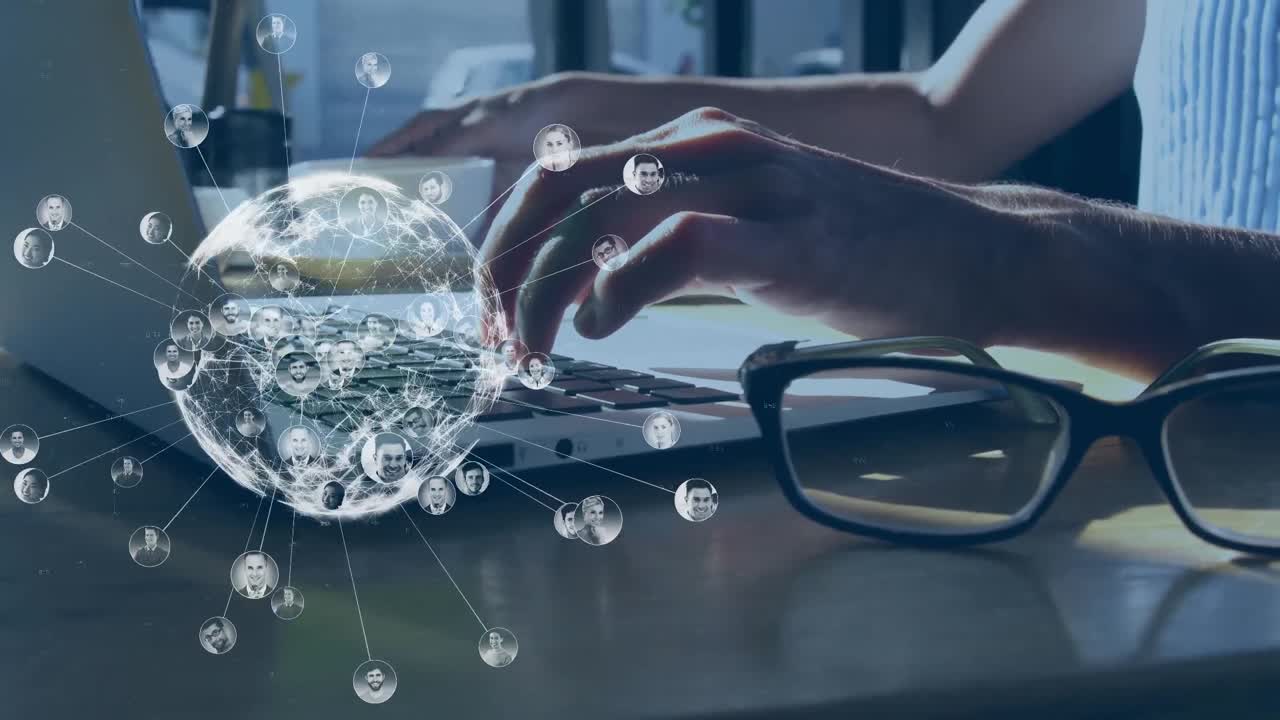 Animation of globe with network of photos over caucasian woman using laptop