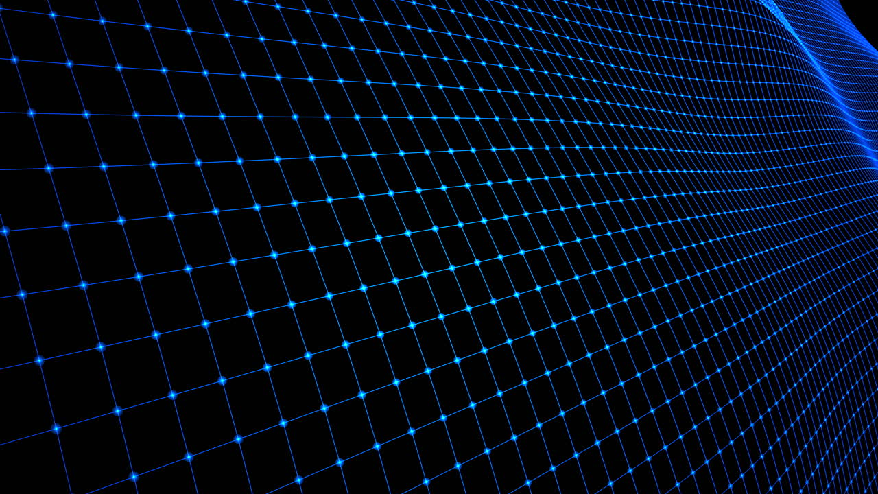 Luminous Blue dots form dynamic undulating digital net grid overlay