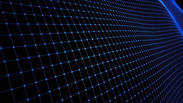 Lysende blå prikker danner et dynamisk, bølgende digitalt netværk