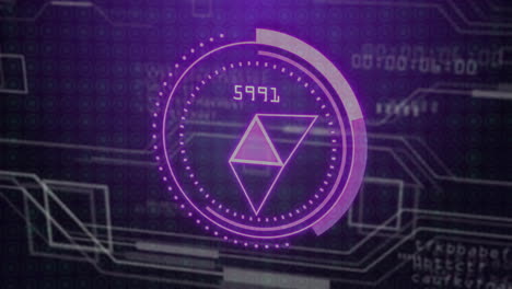 digital data processing animation with geometric shapes and numerical display over circuitry