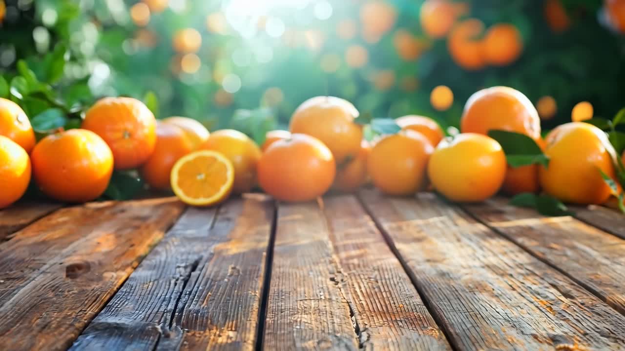 나무 테이블 위에 앉아 있는 오렌지 한 어리