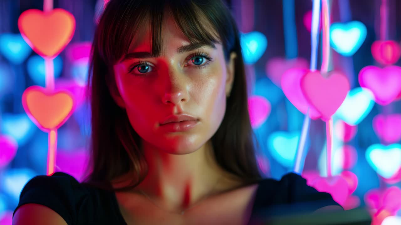 A contemplative close-up of a young woman illuminated by vibrant heart-shaped lights, showcasing deep emotions and a serene expression amidst a background of colorful glowing decorations