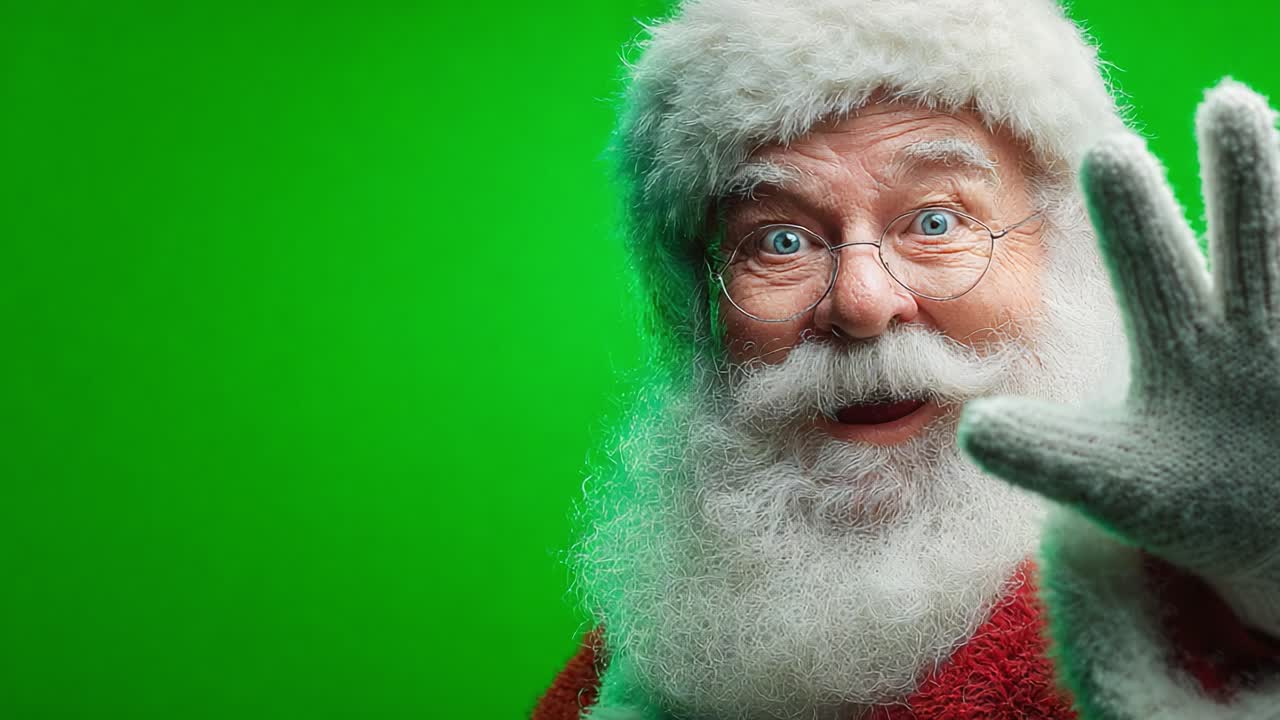 Cheerful Santa Claus Waves at the Camera with a Friendly Smile Against a Bright Green Background, Spreading Joy and Holiday Spirit for All to Enjoy
