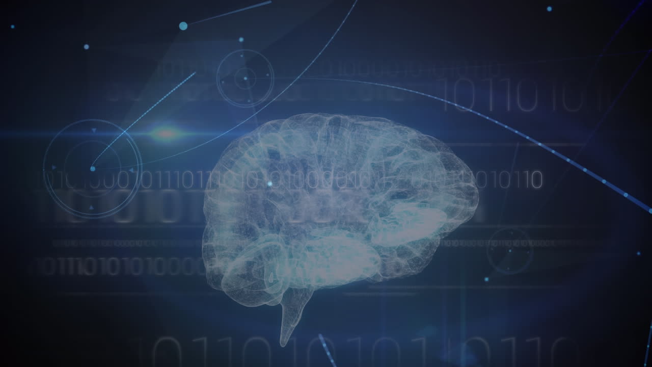 red de conexiones sobre el cerebro humano y procesamiento de datos de codificación binaria contra un fondo azul