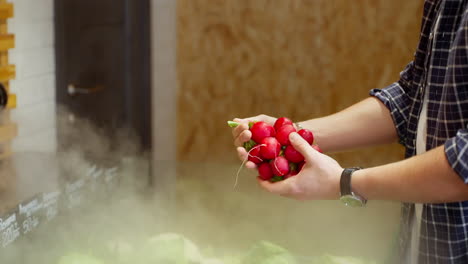 person holding a bunch of radishes in a grocery store