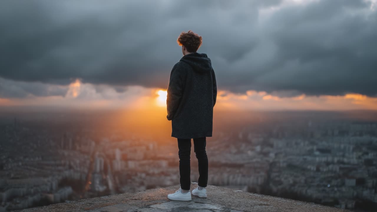 A Solemn Figure Gazes Over a Cityscape at Sunset, Embracing the Beauty of the Distant Horizon and the Merging Clouds Above