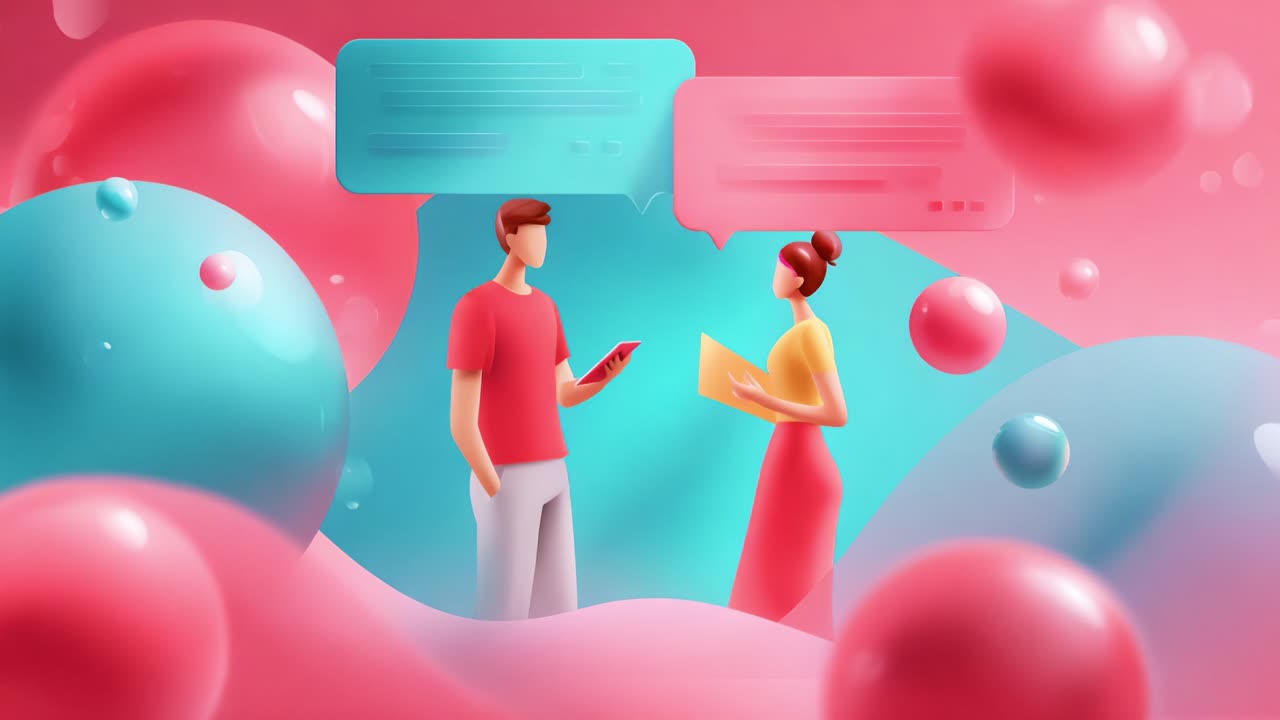 A vibrant and lively scene of two stylized figures engaging in conversation amidst colorful, abstract bubbles and backgrounds, representing modern communication and interaction in a playful manner