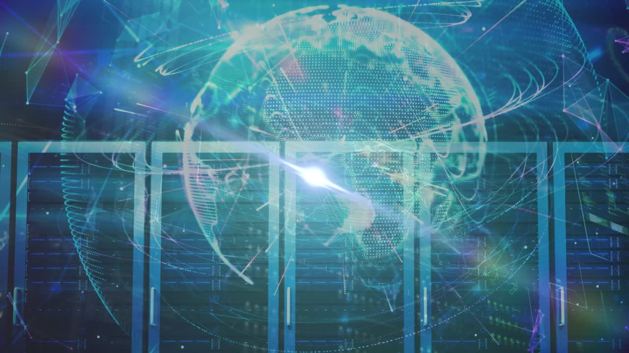 서버 방 위의 지구와 빛의 반점의 애니메이션