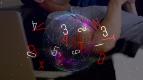 animación de globo y letras sobre empresario caucásico usando un teléfono inteligente