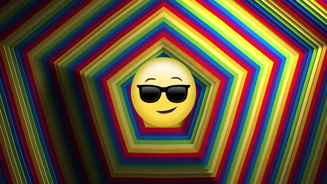 소셜 미디어의 애니메이션 선글라스 이모지 아이콘이 무지개 모양 위에