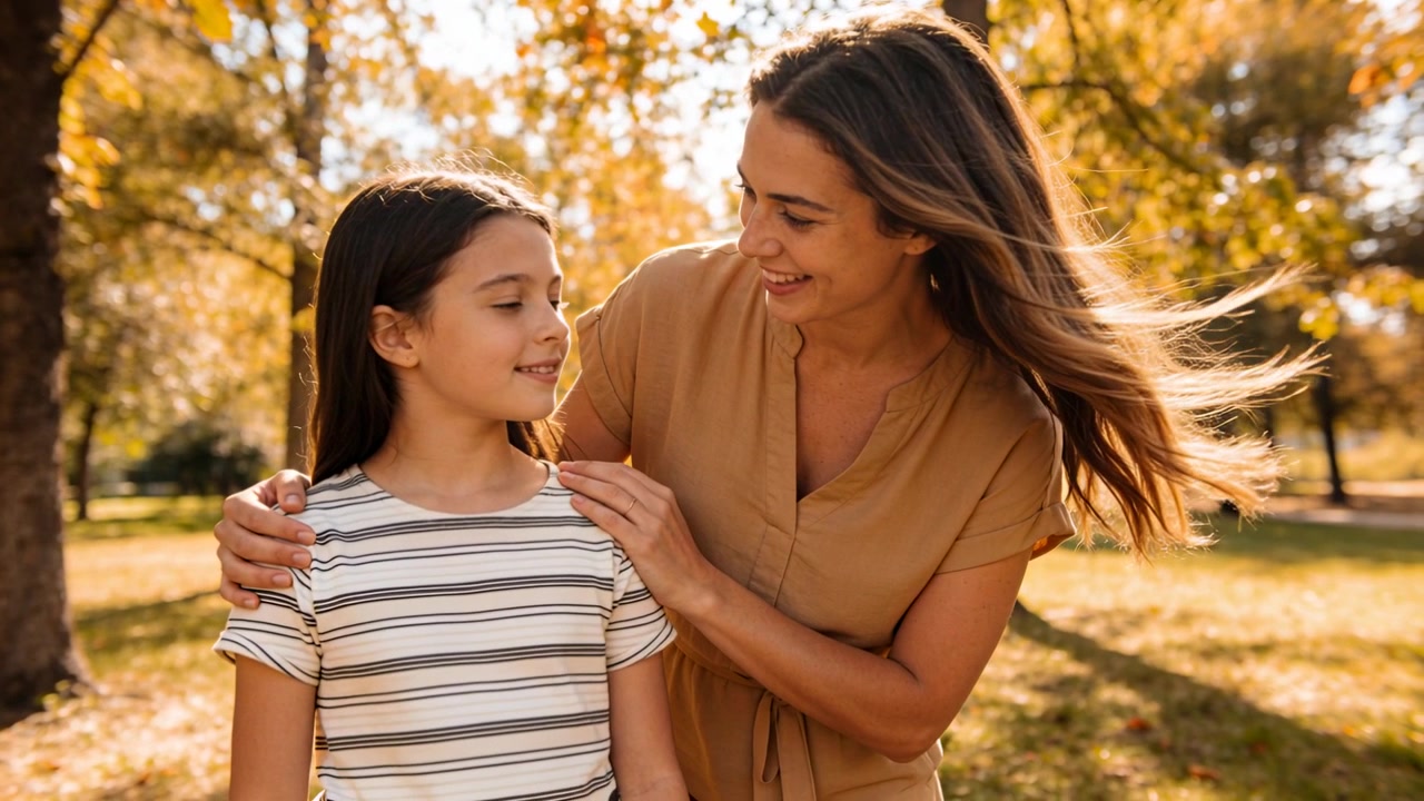 Mamma che mette un braccio intorno al bambino, chinandosi per confortare e parlare in un parco con alberi autunnali, indossando un vestito color cuoio.