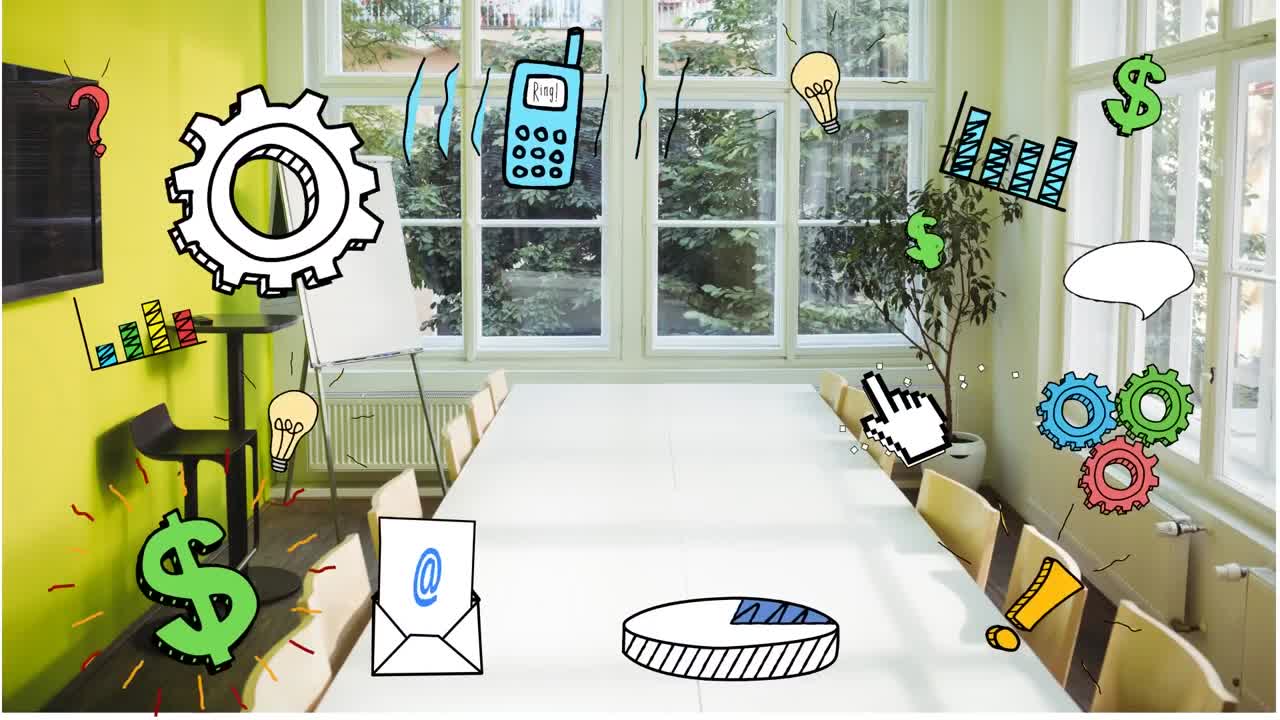 사무실의 회의실 위에 비즈니스 아이콘의 애니메이션