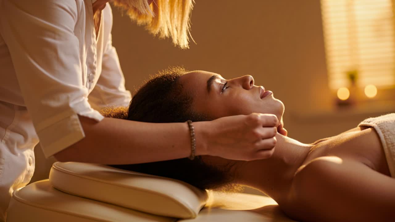 Placing hands, therapist in white shirt cradling client's jaw, supporting neck at spa calming