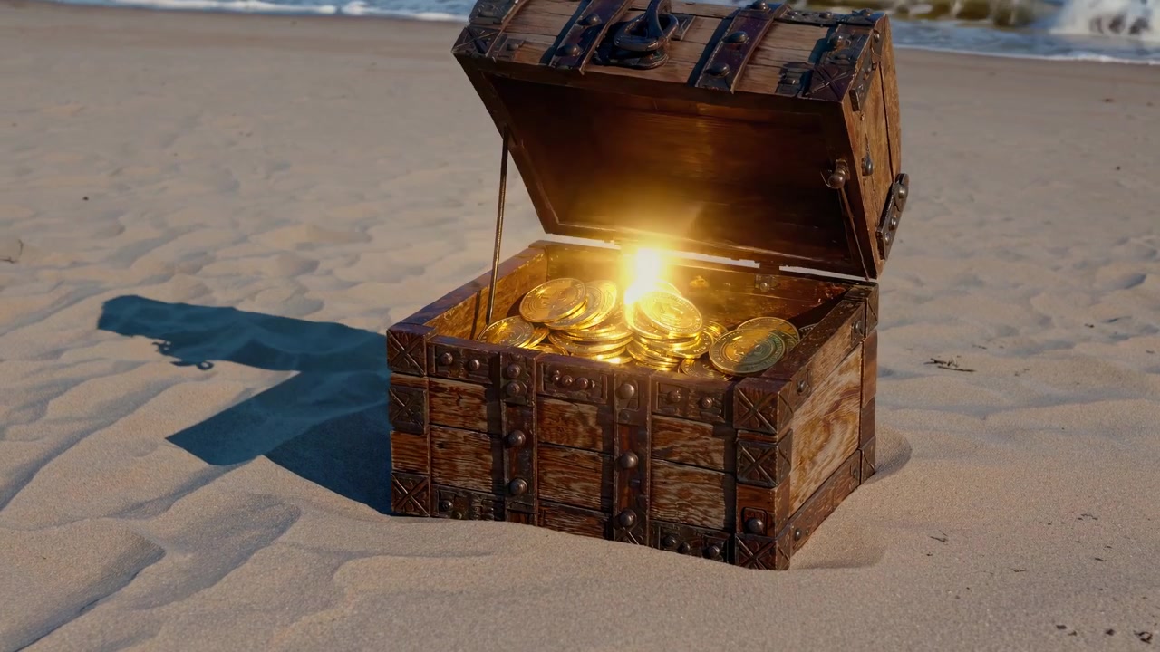 Cofre del tesoro de madera se abre en la playa revelando monedas de oro
