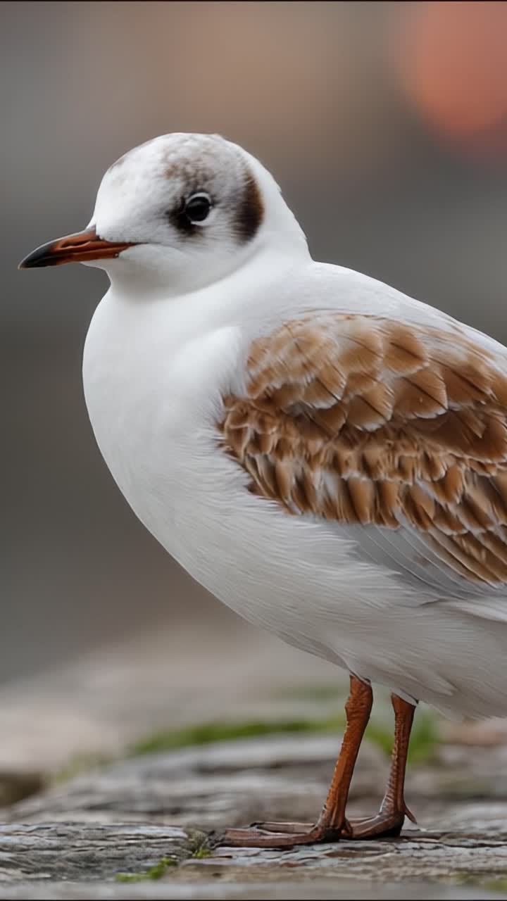 Ritratto ravvicinato di un gabbiano, che cattura le sue piume distintive e la sua posa aggraziata in un ambiente naturale sereno