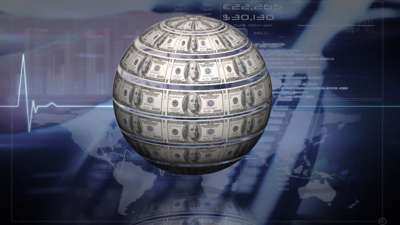 Animação de globo de notas de dólar americano girando sobre monitor de frequência cardíaca e mapa-múndi.