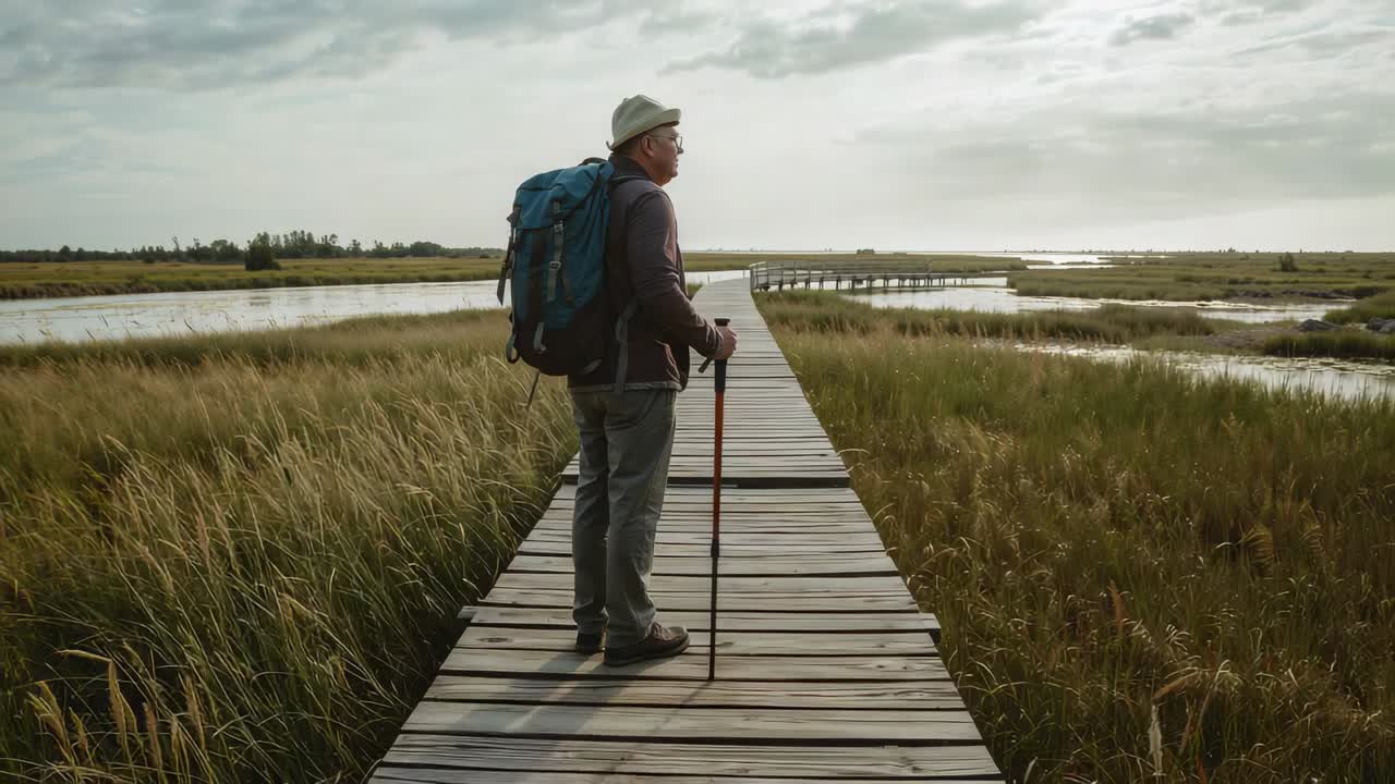 Gående ældre vandrer følger boardwalk, med blå rygsæk, vandrestav, hat og solbriller, der beundrer marsken