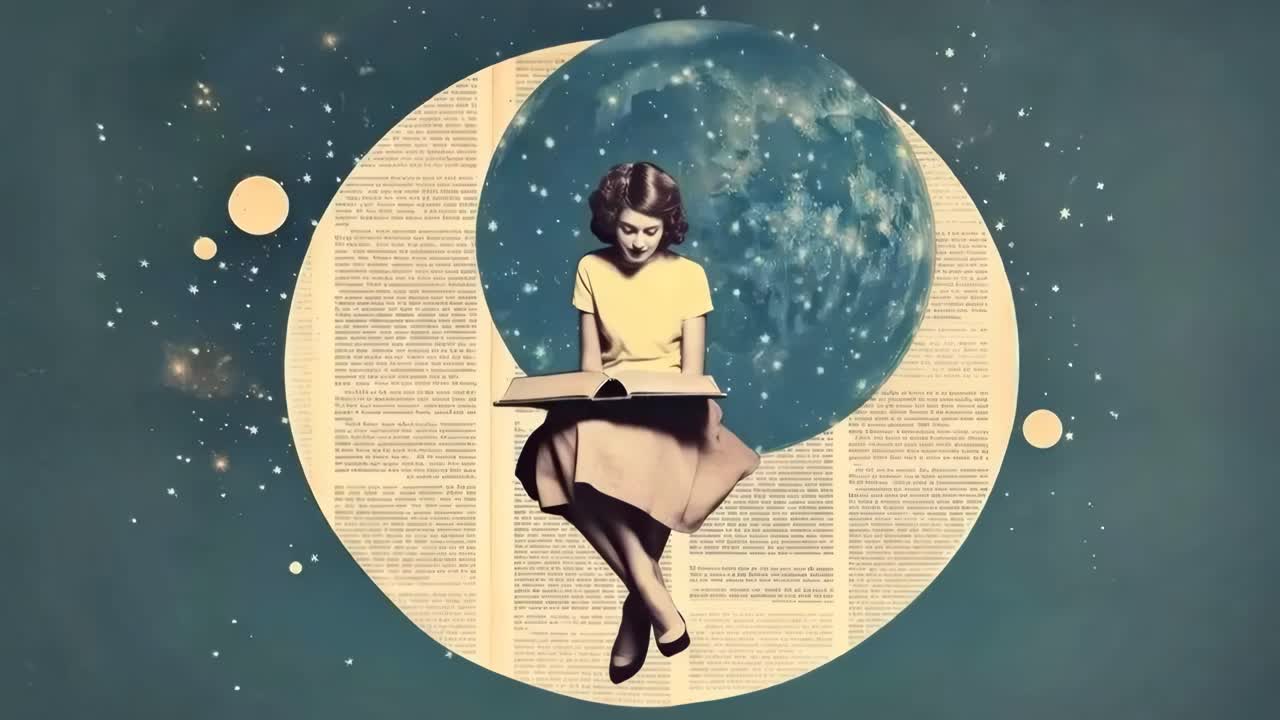 Surreal video concept with a vintage style, featuring a woman reading in space