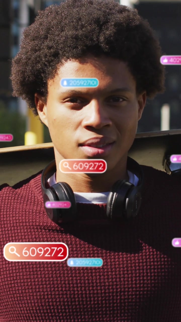Animation of notification bars over smiling african american man with skateboard on shoulder
