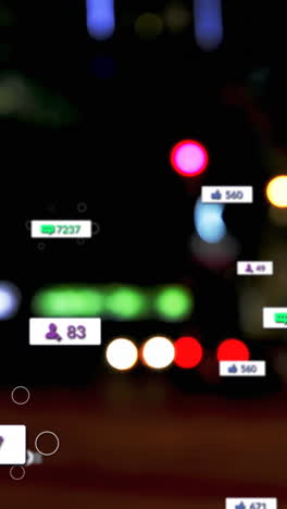 animación de iconos de redes sociales y números fuera de foco de la ciudad y las luces de los coches