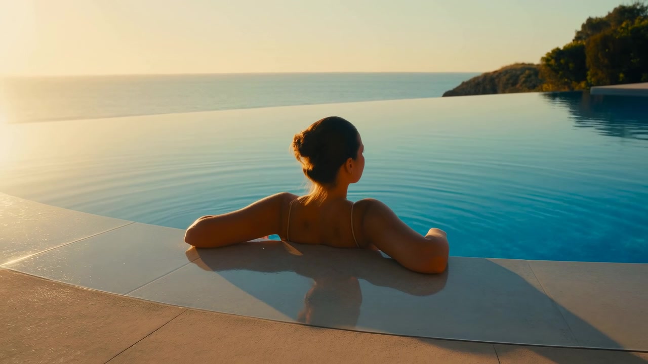 Rückansicht zeigt eine Frau, die still in einem türkisfarbenen Infinity-Pool verharrt, während sanfte Wellen sie umgeben und das tiefe goldene Licht lange Schatten über den hellen Stein neben der fernen Küste wirft