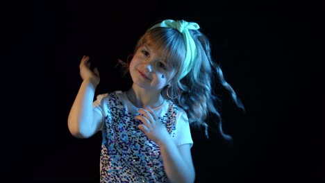 teen girl listening to music, dancing, making faces, fooling around at disco cyberpunk night club