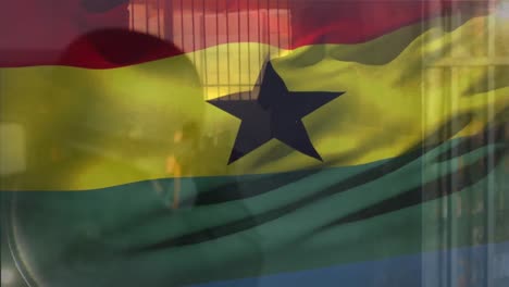 animation of flag of ghana waving over soldier firing bullets with gun at dummy target