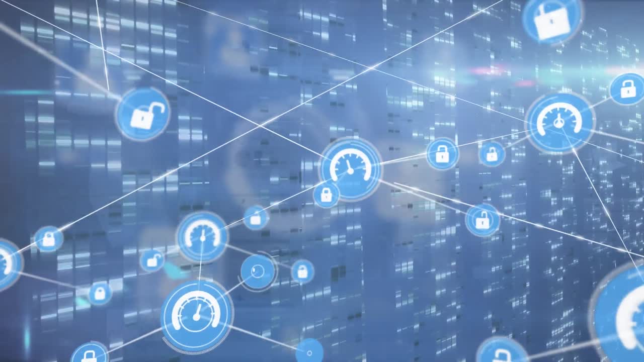 파란색 배경에 모자이크 사각형이 있는 화면 위의 디지털 아이콘 네트워크의 애니메이션