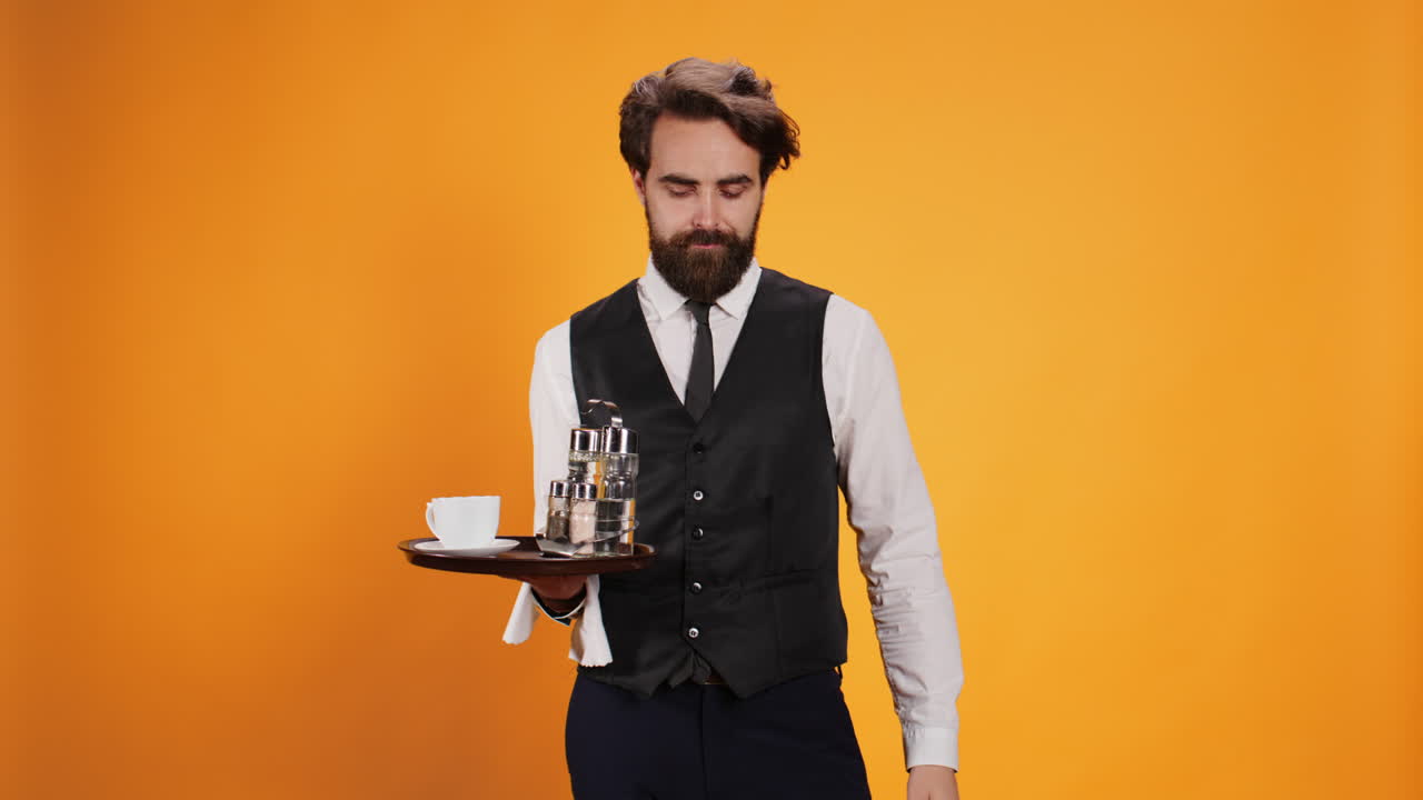 el valet masculino muestra un signo de secreto en el estudio