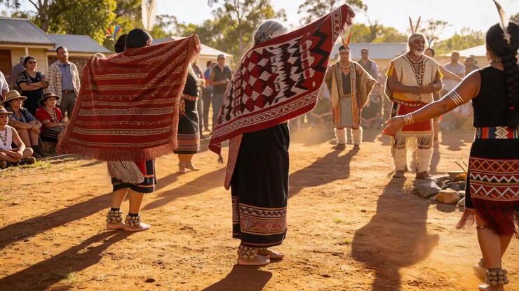 Leading Senior woman in dark dress cueing dancers performing dance steps on red dirt, waving shawls