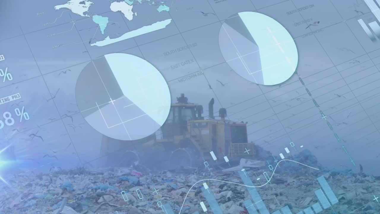 animación del registro de estadísticas sobre una excavadora en un sitio de eliminación de residuos