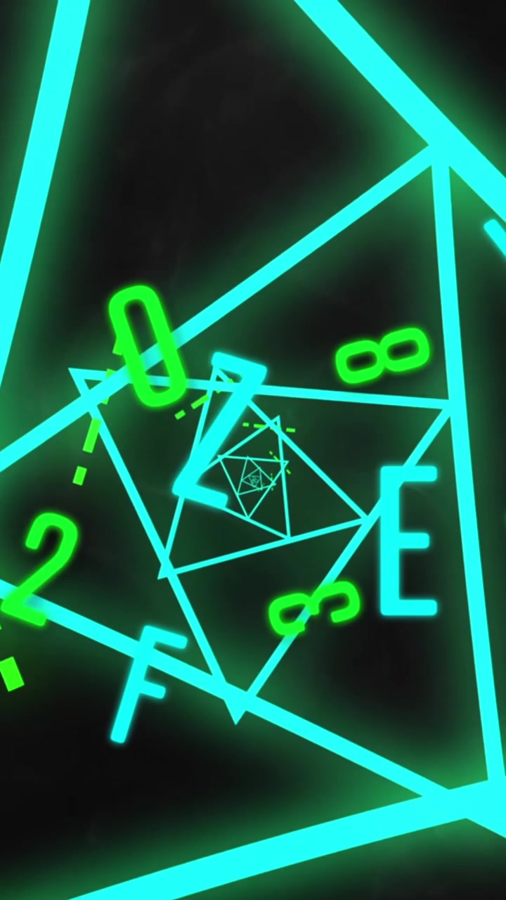 Turning geometric neon blue shapes with numbers and letters moving on black background