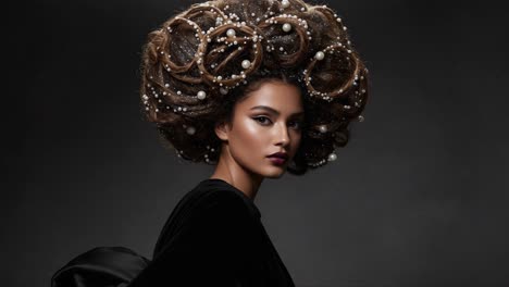 a stunning portrait of elegant hairstyle: captivating beauty with elaborate hair design adorned with pearls against a dark background