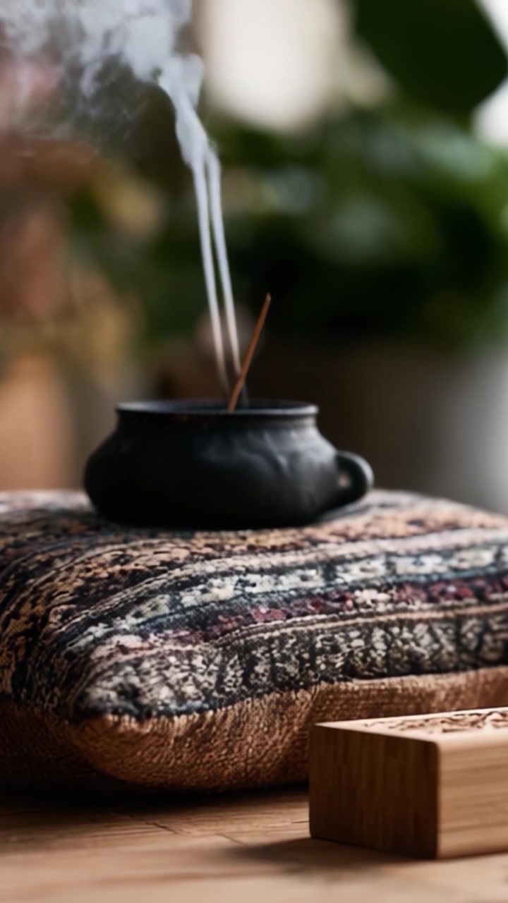 Un moment serein d'encens brûlant, créant des volutes de fumée au-dessus d'un coussin magnifiquement texturé dans un environnement intérieur douillet.