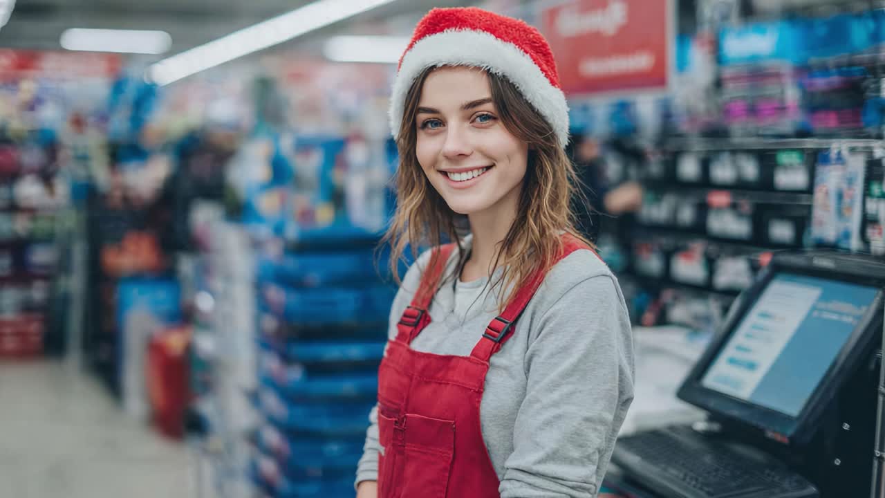 Cheerful Young Woman with Holiday Spirit: Bright Smile and Santa Hat Captured in Retail Setting, Spreading Joy Amid Holiday Shopping Treats