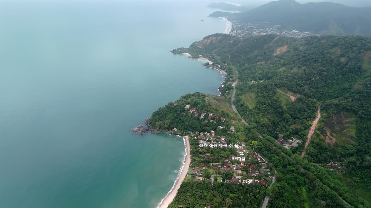 Beautiful view of Barra do Sahy beach, Sao Sebastiao, Brazil. Aerial