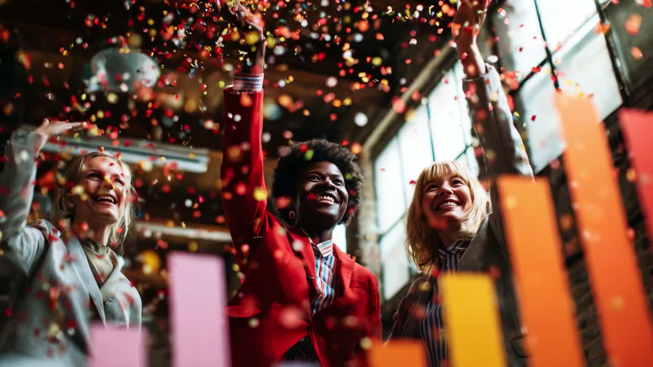 Celebratory Gathering of Friends Surrounded by Colorful Confetti and Cheerful Atmosphere with Rising Bar Graphs Indicating Success and Positive Growth in a Dynamic Environment