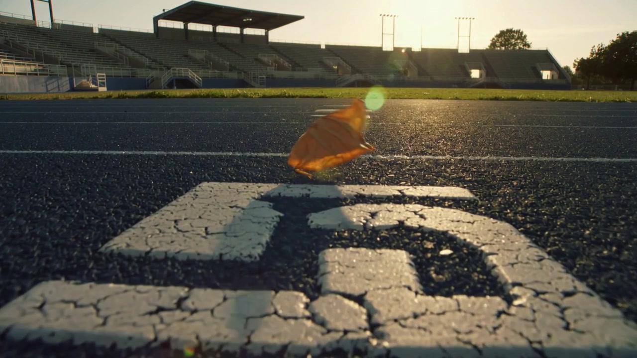 Foglia d'arancio secca che rotola, sollevata da una leggera raffica, sfiorando un numero di corsia crepato sulla pista.