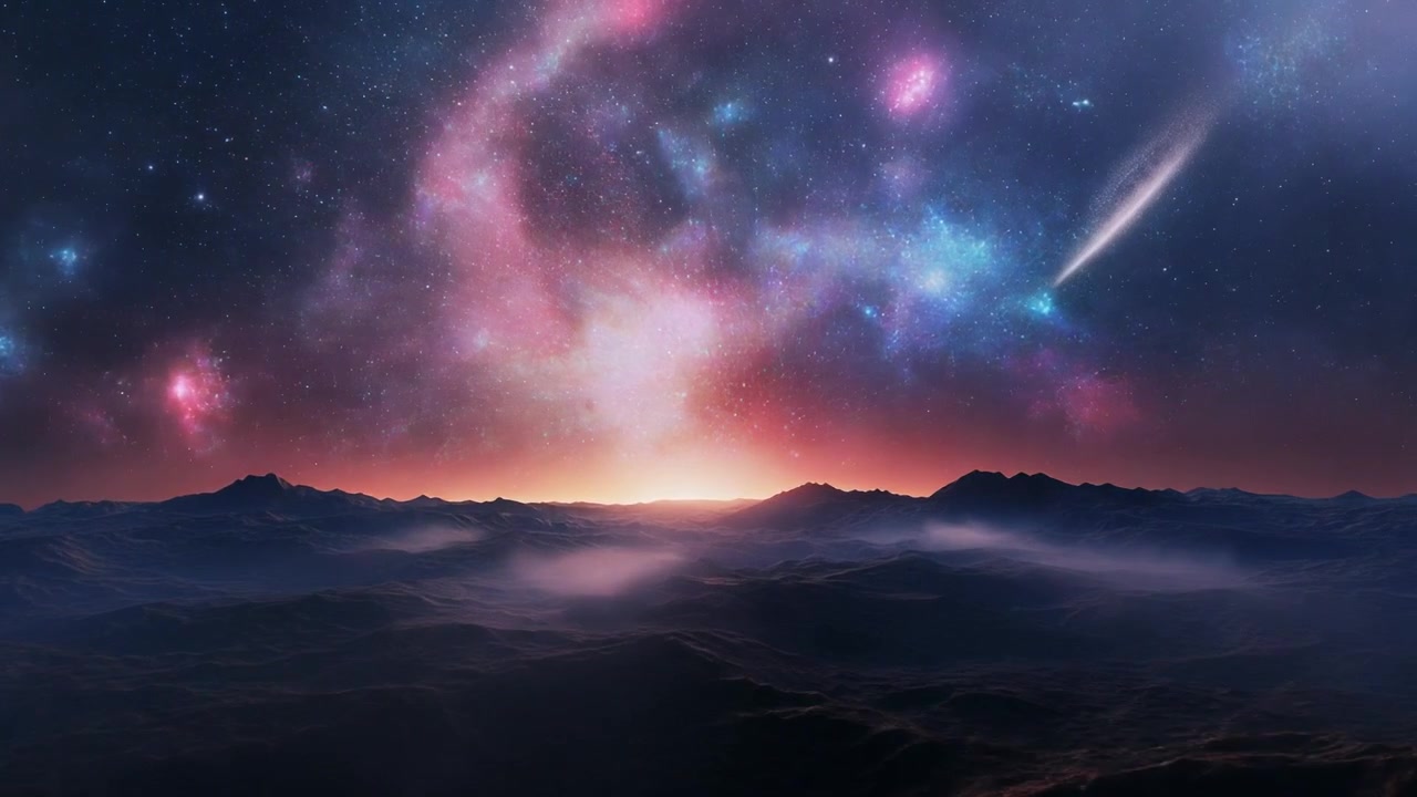 Stunning Cosmic Nebula Over Alien Mountain Landscape