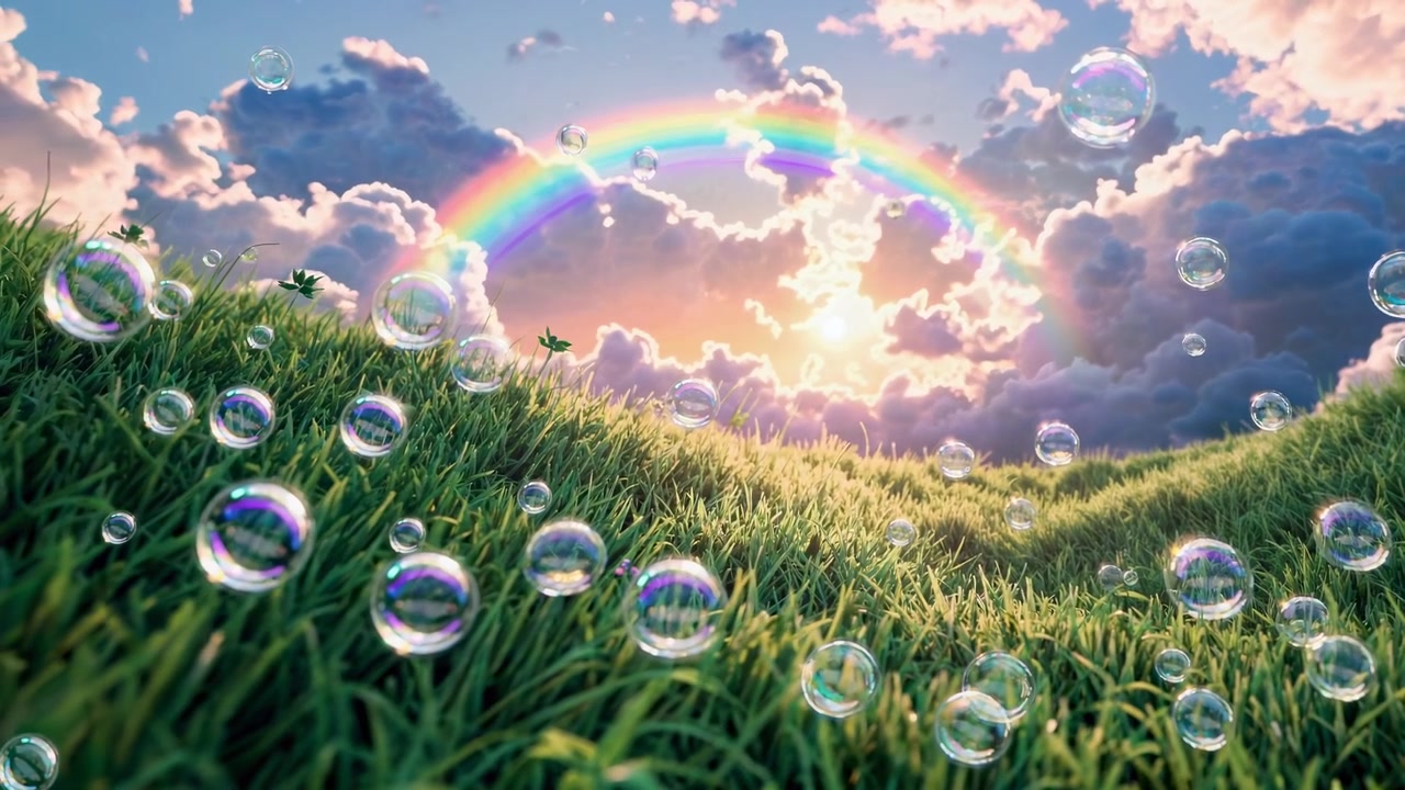 Campo verde fiabesco con bolle fluttuanti e arcobaleno nel cielo soleggiato