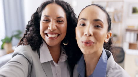 Office,-selfie-portrait-or-women-with-peace-sign