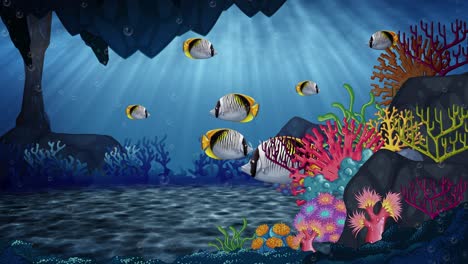 animated fish swimming among vibrant coral reefs.