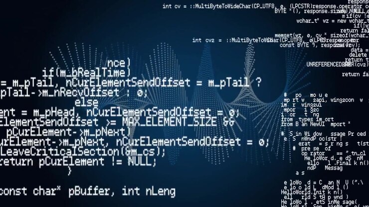 Abstract Digital Background with Floating Programming Code and Data Particles