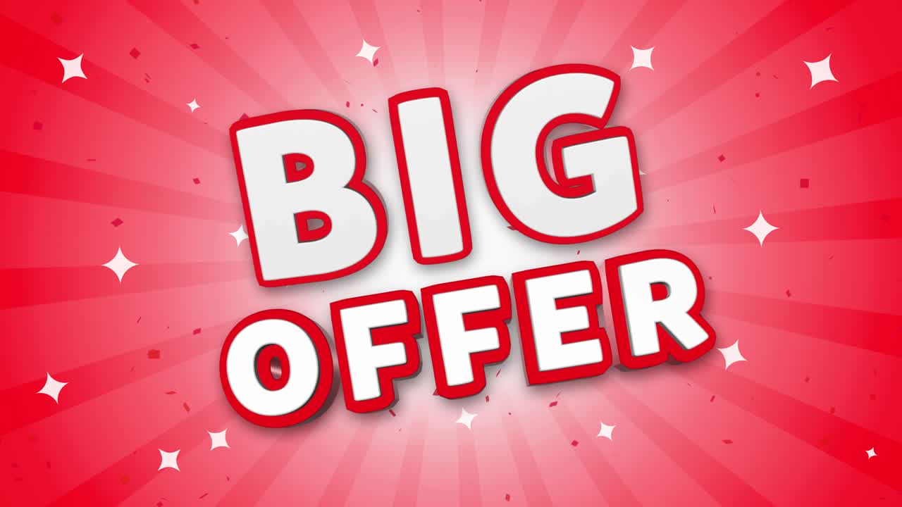 Big offer 3d text on red sparkling falling confetti background ad promotion discount offer sale loop