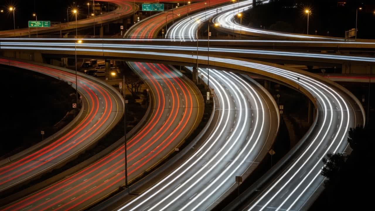 Dynamic Night Scene of Illuminated Interchange: Capturing the Flow of Traffic as Vehicles Create Vibrant Light Trails on a Complex Highway Network