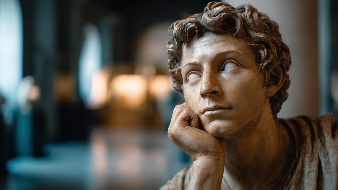 Primo piano di una scultura classica pensierosa, che cattura la profondità delle emozioni e la maestria artistica in un ambiente museale con illuminazione soffusa e sfondo sfocato.