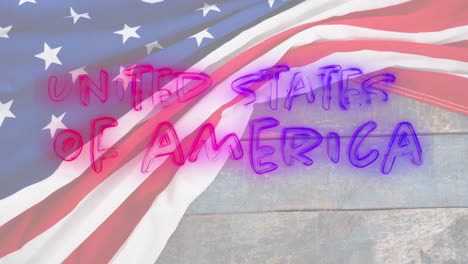 animation of colourful united states of america text over american flag on wood