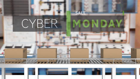 animation of cyber monday text over cardboard boxes on conveyor belt in warehouse