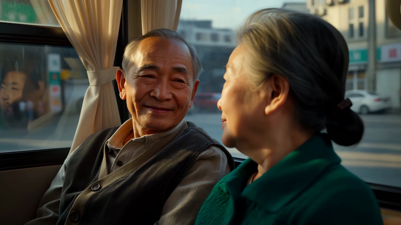 Elderly Asian Couple On Bus Sharing Warm Gaze And Gentle Laughter During Morning Commute Man Smiles At Woman