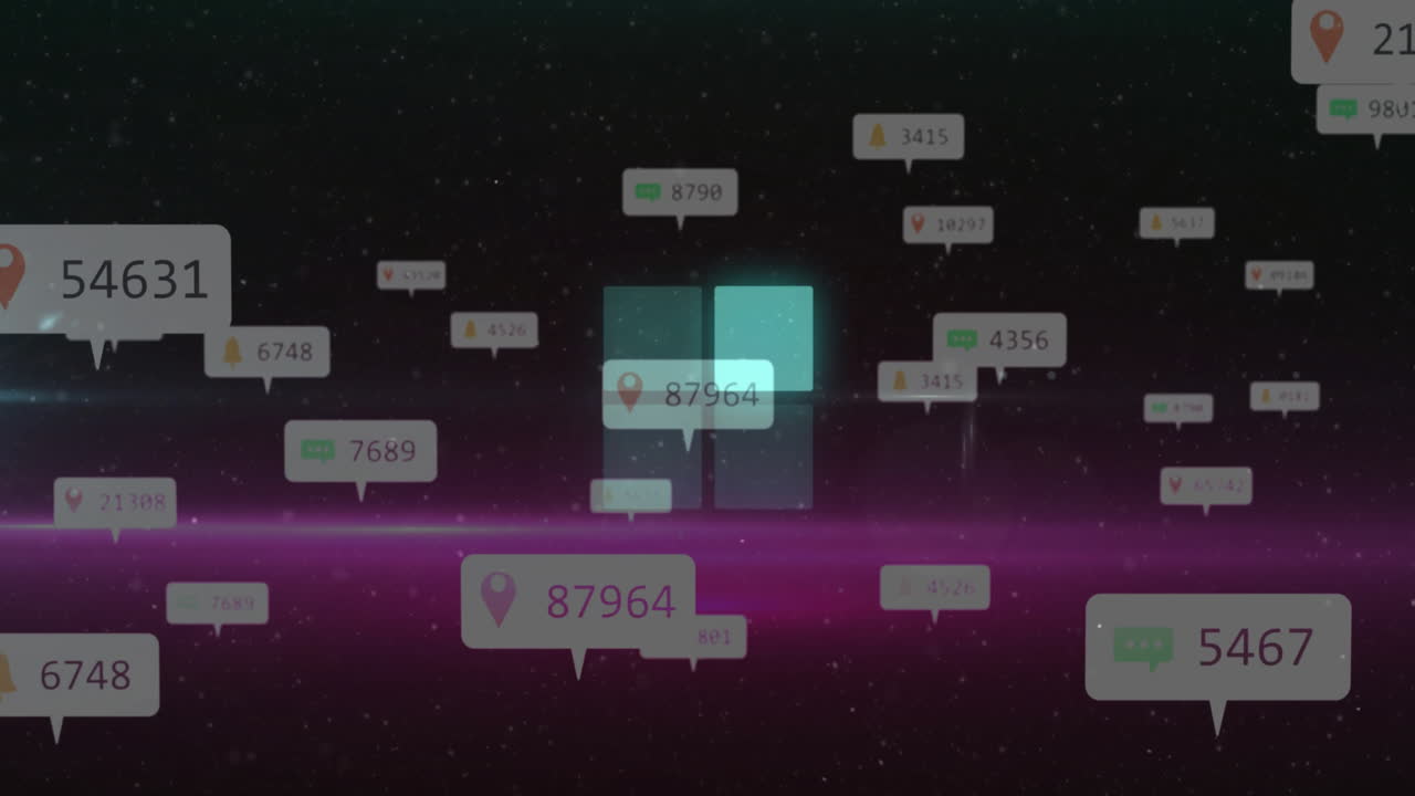 Floating notification icons with numbers in animation over starry digital landscape